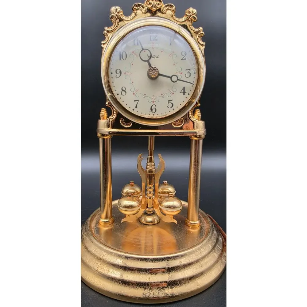 Vintage United Model 975 Brass Anniversary Clock w/ Glass Dome Works - Rare